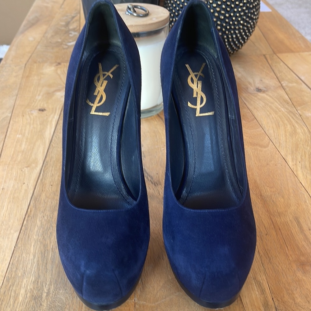 Yves Saint Laurent Deep Navy Suede Platform Pumps